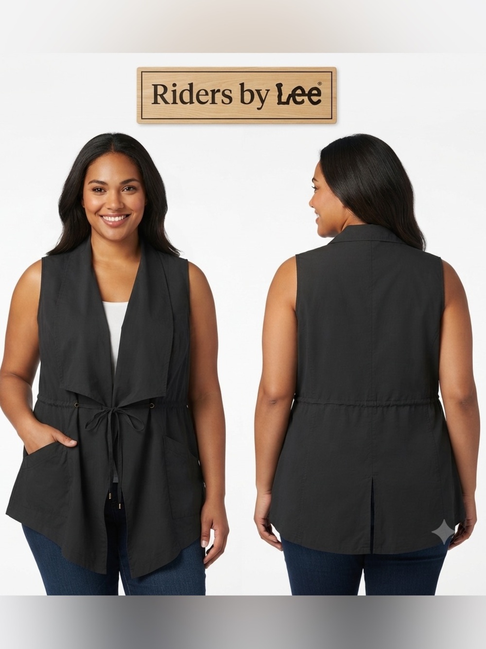 Riders by Lee "On the Go Comfort" Black Tie Drape Collar Pocket Vest Large